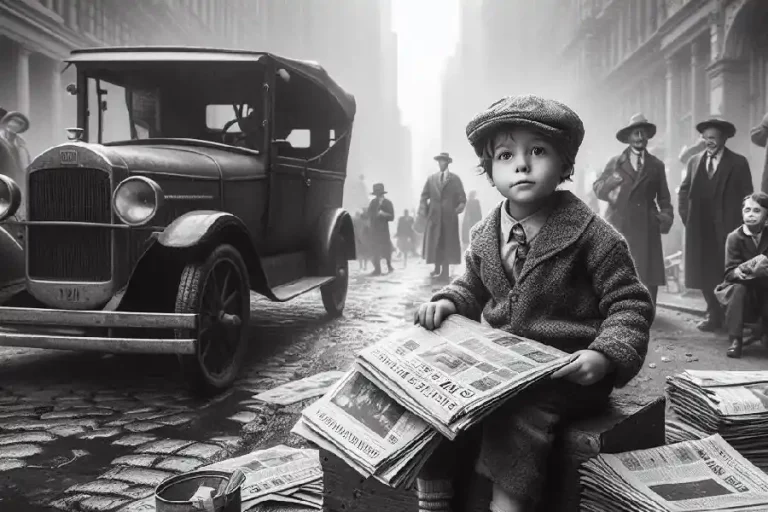 Ilustrasi anak kecil penjual koran di jalanan New York di masa lalu